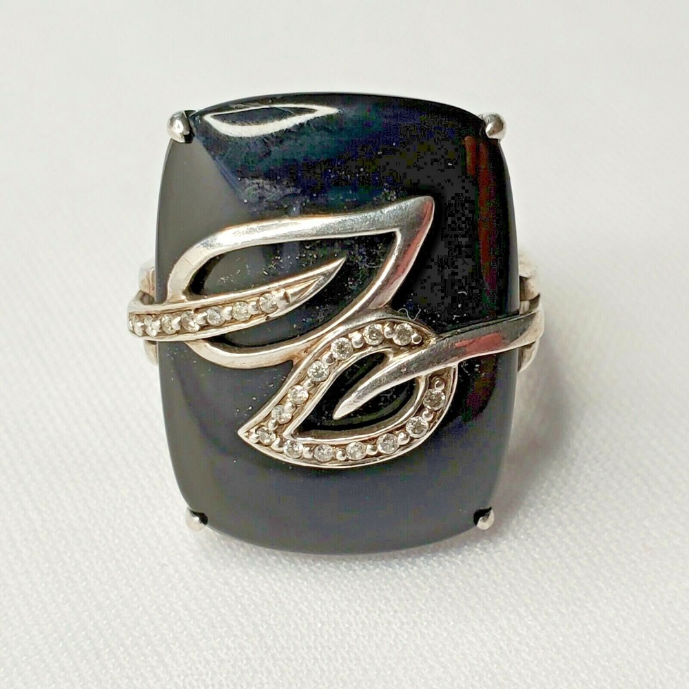 Vintage 925 Sterling Silver Faux Black Onyx Duo Leaf CZ Cocktail Ring Size 7.5